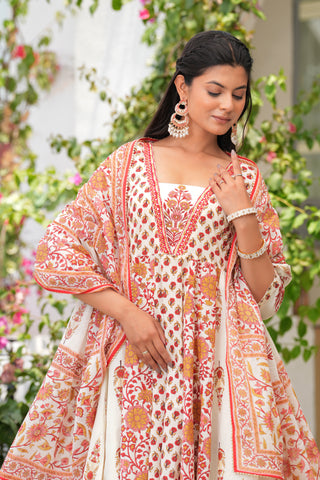 White Red Block Printed Anarkali Cotton Suit  - Set of 3