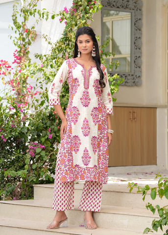 White Magenta Block Printed Straight Cotton Suit - Set of 3