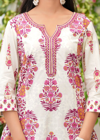 White Magenta Block Printed Straight Cotton Suit - Set of 3