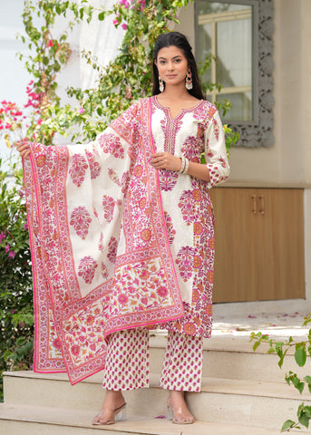 White Magenta Block Printed Straight Cotton Suit - Set of 3