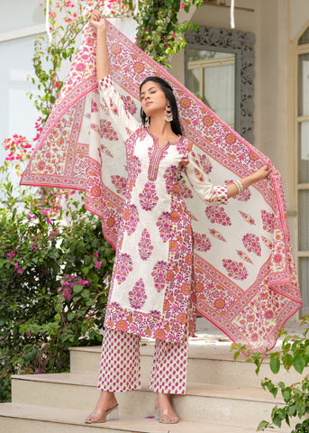 White Magenta Block Printed Straight Cotton Suit - Set of 3