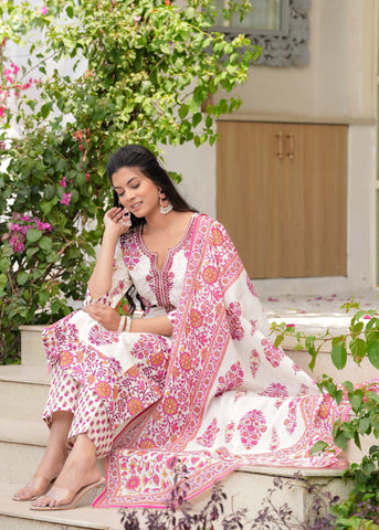 White Magenta Block Printed Straight Cotton Suit - Set of 3