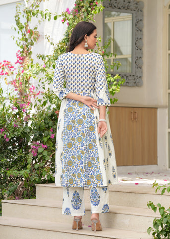 White Blue Block Printed Anarkali Cotton Suit  - Set of 3
