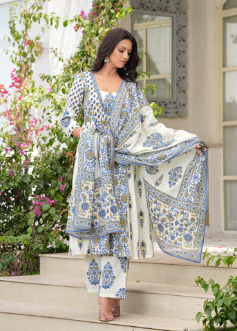 White Blue Block Printed Anarkali Cotton Suit  - Set of 3