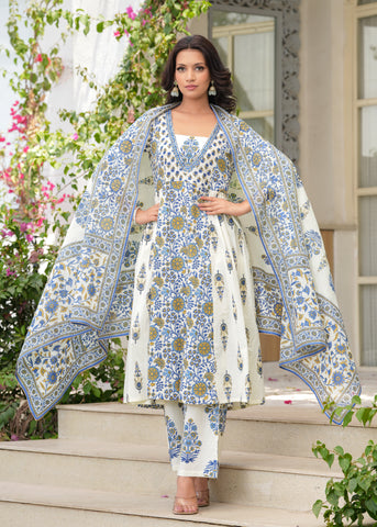 White Blue Block Printed Anarkali Cotton Suit  - Set of 3