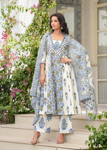 White Blue Block Printed Anarkali Cotton Suit  - Set of 3