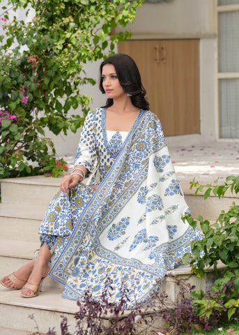 White Blue Block Printed Anarkali Cotton Suit  - Set of 3