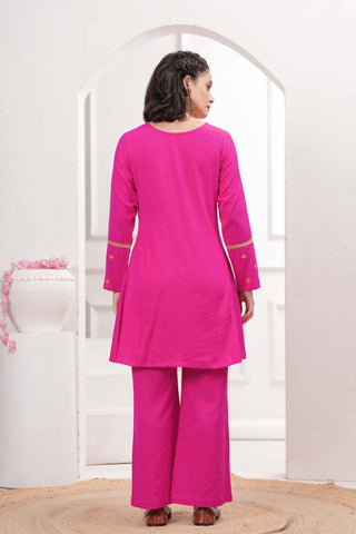Pink Zari Embroidered A-Line Co-ord Set - Set of 2