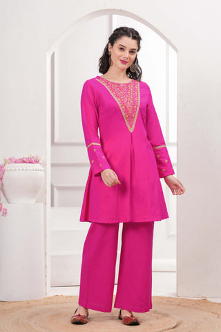 Pink Zari Embroidered A-Line Co-ord Set - Set of 2
