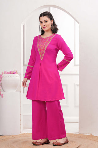 Pink Zari Embroidered A-Line Co-ord Set - Set of 2
