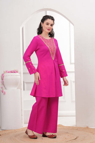 Pink Zari Embroidered A-Line Co-ord Set - Set of 2