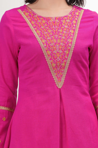 Pink Zari Embroidered A-Line Co-ord Set - Set of 2