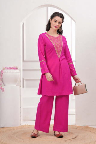 Pink Zari Embroidered A-Line Co-ord Set - Set of 2