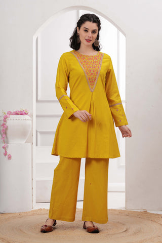 Yellow Zari Embroidered A-Line Co-ord Set - Set of 2