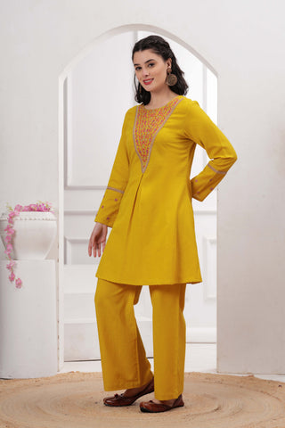 Yellow Zari Embroidered A-Line Co-ord Set - Set of 2