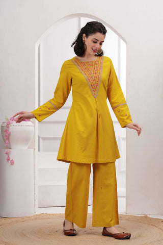 Yellow Zari Embroidered A-Line Co-ord Set - Set of 2