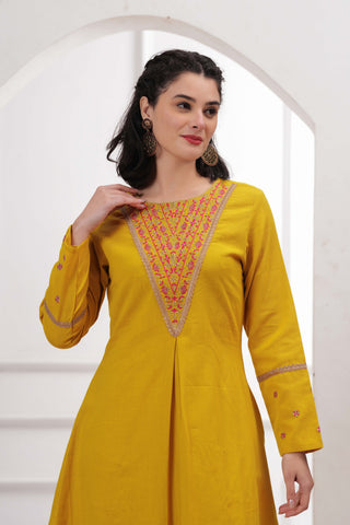 Yellow Zari Embroidered A-Line Co-ord Set - Set of 2