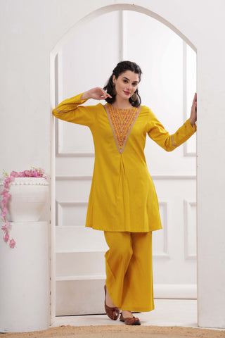 Yellow Zari Embroidered A-Line Co-ord Set - Set of 2