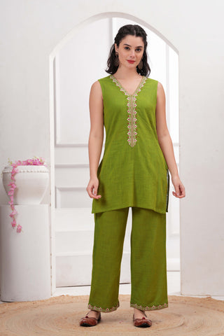 Lime Green Embroidered Short Kurta with Palazzo & Jacket - Set of 3