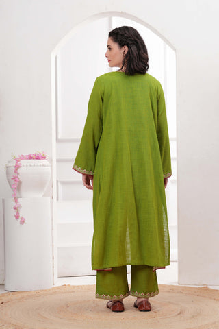 Lime Green Embroidered Short Kurta with Palazzo & Jacket - Set of 3