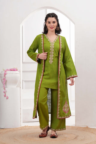 Lime Green Embroidered Short Kurta with Palazzo & Jacket - Set of 3