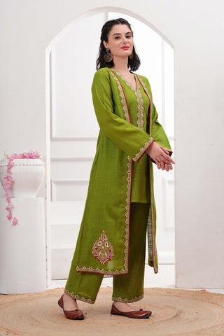 Lime Green Embroidered Short Kurta with Palazzo & Jacket - Set of 3