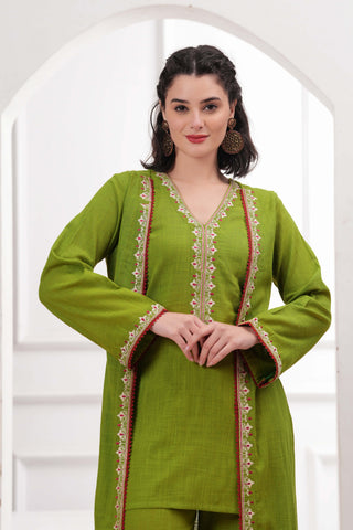 Lime Green Embroidered Short Kurta with Palazzo & Jacket - Set of 3