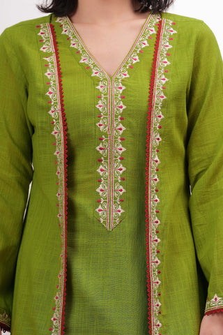 Lime Green Embroidered Short Kurta with Palazzo & Jacket - Set of 3