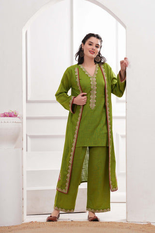 Lime Green Embroidered Short Kurta with Palazzo & Jacket - Set of 3