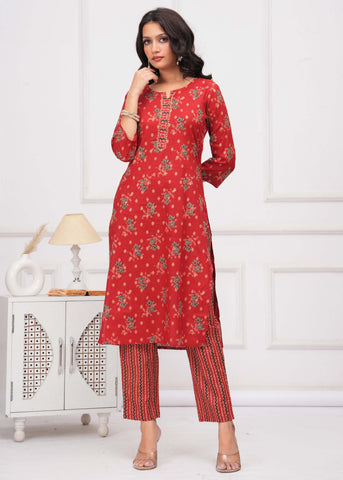 Floral & Stripes Printed Straight Kurta with Pant & Pure Cotton Dupatta - Red
