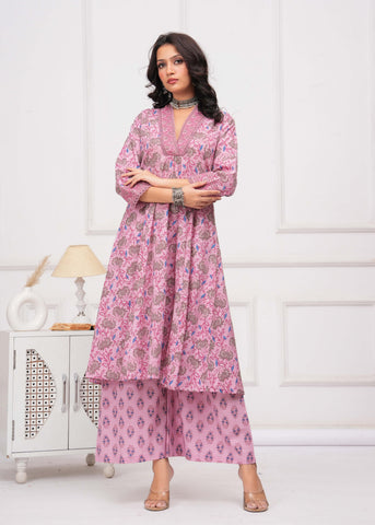 Pink Floral Printed A-Line Kurta with Palazzo - Set of 2