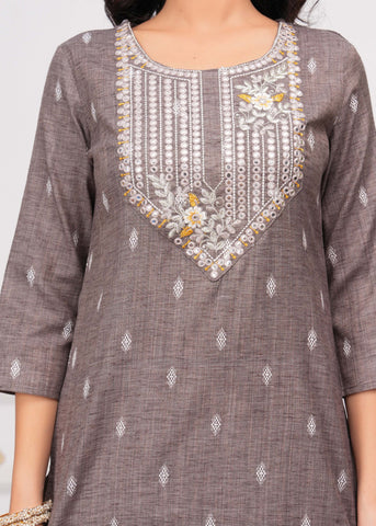 Ethnic Woven & Mirror Embroidered Straight Fit Kurta - Grey