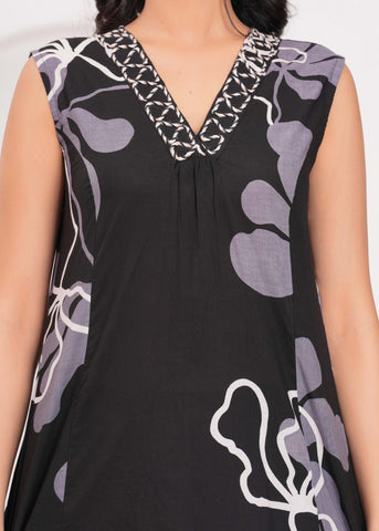 Abstract Floral Printed & Embroidered A-Line Kurta with Palazzo - Black