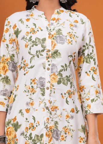 Floral Printed A-Line Flared Cotton Flax Kurta - Off White