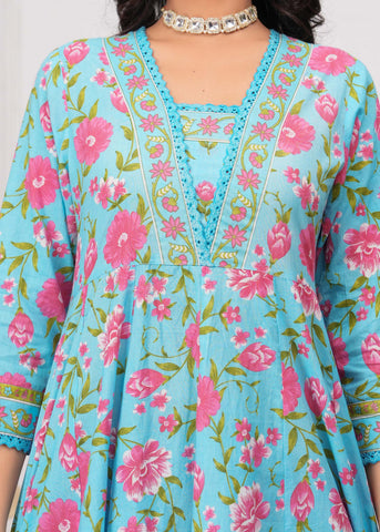 Blue Floral Printed Anarkali Cotton Suit  - Set of 3