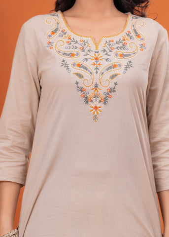 Solid Floral Embroidered Straight Kurta with Pant & Printed Dupatta - Taupe