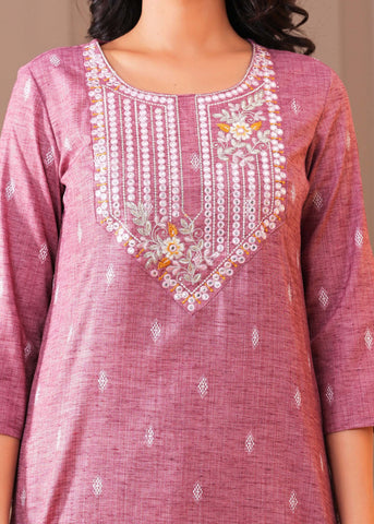 Ethnic Woven & Mirror Embroidered Straight Fit Kurta - Pink