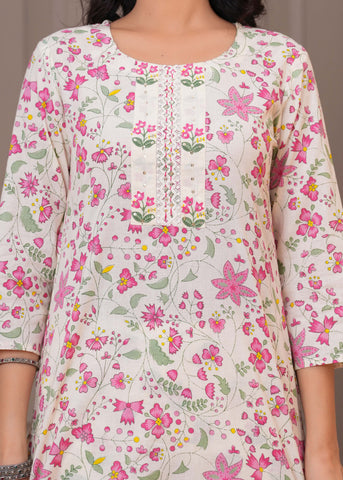 Floral Printed  Straight Kurta with Pant & Pure Cotton Dupatta - Off White