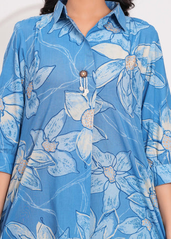 Blue Abstract Floral Printed  Flared Maxi Dress