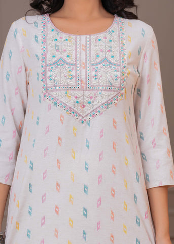 Ethnic Woven & Resham Embroidered Straight Fit Kurta - Off White