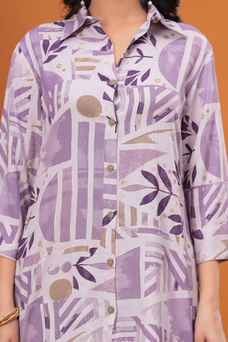 Geometric Floral Foil Printed Straight Fit Co-ord Set - Purple