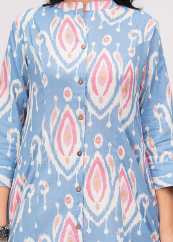 Ikat Printed A-Line Flared Cotton Flax Kurta - Blue