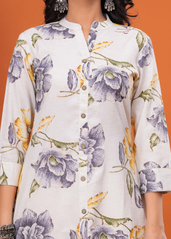 Abstract Floral Printed A-Line Flared Cotton Flax Kurta - Off White