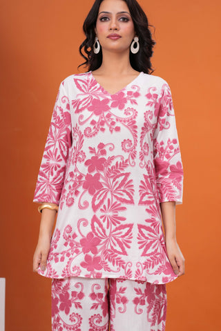 Ethnic Floral Printed Straight Fit Co-ord Set - Red