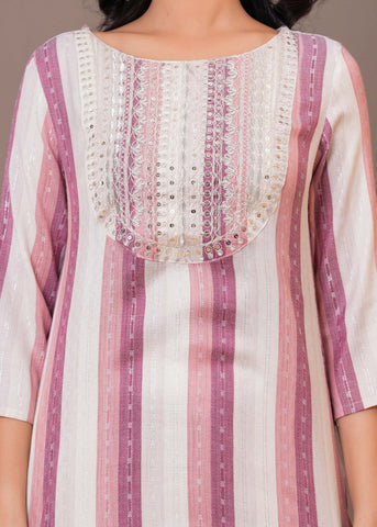Ethnic Stripes Woven & Sequin Embroidered Straight Fit Kurta