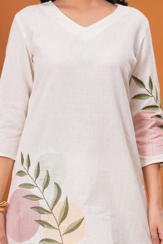 Solid Abstract Embroidered Straight Fit Cotton Flax Co-ord Set - White