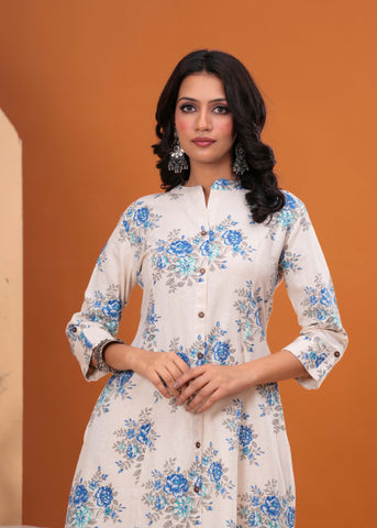 Floral Printed A-Line Flared Cotton Flax Kurta - Off White