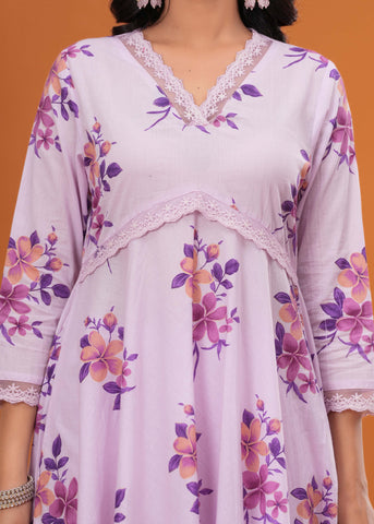 Lavender Floral Printed  A-Line Cotton Suit - Set of 3