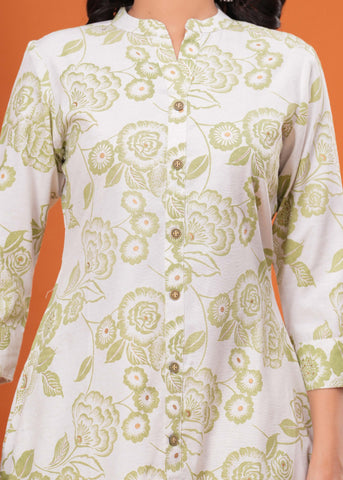 Ethnic Floral Printed A-Line Flared Cotton Flax Kurta - Off White