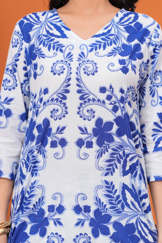 Ethnic Floral Printed Straight Fit Co-ord Set - Blue